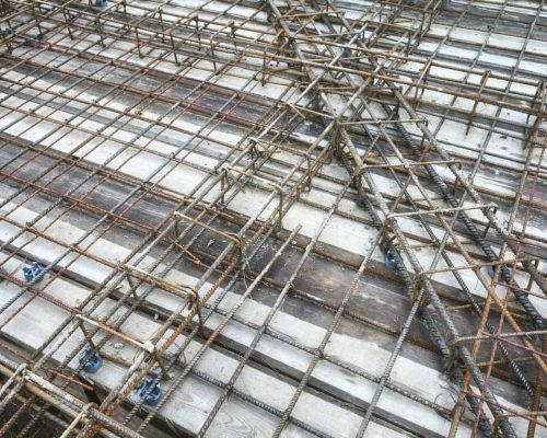 Picture of ribbed steel bar reinforcement construction ready for concrete casting.